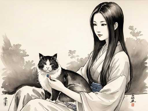 This detailed black-and-white illustration, accented with subtle watercolor hues, depicts a serene Japanese woman in traditional attire. She is seated on the ground, her legs crossed, and cradling a black-and-white cat in her lap. The woman, with long, straight black hair parted in the middle, wears a white kimono cinched at the waist with a blue sash. Her lips are adorned with red lipstick, adding a touch of color to the monochromatic scene. The cat, predominantly black with a white chest, neck, and face, gazes intently at a small blue ball held by the woman. The background features soft, grayish watercolor trees and bushes, enhancing the tranquil atmosphere. Japanese characters are inscribed in the bottom corners of the image, further emphasizing its cultural origin.