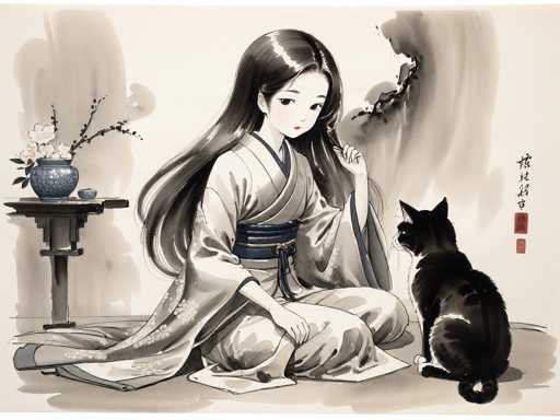 This image is a detailed, black-and-white watercolor painting with subtle gray tones, depicting a serene Japanese scene. At the center, a young woman with long, dark hair sits cross-legged on the floor, adorned in a traditional kimono. The kimono features a delicate floral pattern on the sleeves and a blue sash tied around her waist. Her expression is gentle, with a hint of a smile and her eyes cast downward. She holds a strand of her hair in her left hand, while her right hand rests on her lap.

To her right, a black cat with a white chest sits, gazing up at her. The cat's posture is relaxed, with its tail curled around its body. On the left side of the image, a small table holds a blue vase containing white flowers and green leaves, accompanied by a smaller bowl. The background is a soft beige with gray watercolor splotches, adding depth to the composition. On the right side of the image, there is Japanese writing in black ink, along with two red squares, one larger than the other, positioned below the text. The overall scene exudes tranquility and cultural elegance.