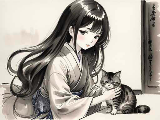 This detailed black and white illustration, accented with subtle shades of gray, features a young woman dressed in a traditional kimono. The kimono is adorned with a blue sash that has a floral pattern, adding a touch of color to the monochromatic scene. The woman's long, dark hair cascades down her back, and she has bangs that partially cover her face. Her expression is gentle, with a small smile gracing her lips. She is seated on the floor, cradling a small kitten in her lap. The kitten, with its striped fur, gazes up at her with curiosity. The background is minimalistic, featuring a plain wall and a door with Japanese characters inscribed on it, enhancing the serene and traditional atmosphere of the illustration.