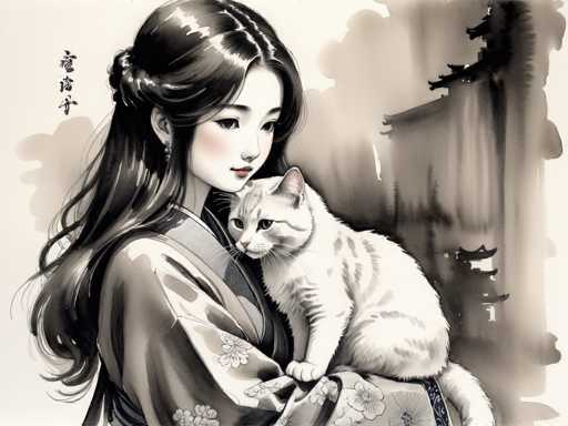 This image is a detailed, black-and-white watercolor painting with subtle sepia tones, depicting a young Asian woman in a kimono, holding a white cat with gray stripes. The woman, who has long, dark hair styled in a half-up, half-down fashion with bangs, is wearing a kimono adorned with a floral pattern. Her face is delicately rendered with pale skin, pink lips, and a touch of blush on her cheeks. She is holding the cat in her left arm, cradling it close to her chest, while her gaze is directed towards the cat. The cat, with its ears perked up and eyes open, looks back at her. The background features a traditional Japanese-style house with curved roofs and is rendered in soft, muted tones of gray, white, and black. To the left of the woman, there is vertical Asian writing, adding to the cultural context of the artwork. The overall composition is serene and intimate, capturing a quiet moment between the woman and her feline companion.