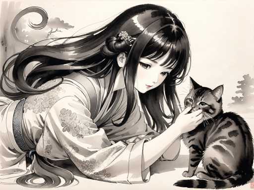 This black-and-white illustration, reminiscent of traditional Japanese art, features a young woman with long, dark hair adorned with a flower clip. She is dressed in a kimono with intricate floral patterns and a wide sash around her waist. The woman is lying on her stomach, her head turned to the right, and her gaze directed downward at a gray and black striped cat beside her. Her left hand gently rests on the cat's face, with her index finger near its eye, and her right hand is tucked under her chin. The cat, with its ears perked up and tail curled around its body, sits attentively next to her. The background is minimalistic, featuring a few trees on either side, enhancing the serene and intimate atmosphere of the scene.