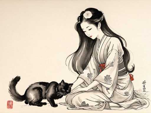 This image is a detailed, hand-drawn illustration of a Japanese woman in traditional attire, seated on the floor in a cross-legged position. She is wearing a long, white kimono adorned with gray floral patterns and secured with a red sash tied around her waist. Her long, dark hair is elegantly styled, with a white flower tucked into it. The woman's lips are painted a striking red, and she has a gentle, serene expression as she gazes down at a black cat beside her. The cat, with its tail raised and head lowered, appears to be sniffing the woman's hand. The background is a light beige or cream color, and the image is framed by a red stamp in the bottom left corner and some Japanese writing in the bottom right corner. The overall composition is rendered in black and white, with the exception of the vibrant red accents on the kimono and the woman's lips.