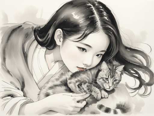 This detailed black-and-white watercolor painting depicts a serene scene of a young Asian woman, possibly Japanese, lying down with a cat. The woman, who has long, dark hair parted in the middle, is wearing a traditional kimono with a white collar and a grayish top. Her head rests gently on the cat's back, and she gazes down at it with a soft smile, her lips painted a subtle red. The cat, with its gray and black striped fur, looks directly at the viewer, its tail curled around its body. The background is a light gray, enhancing the focus on the intimate interaction between the woman and her feline companion. The overall composition is rendered in shades of gray, black, and white, with the only splash of color being the woman's lips.