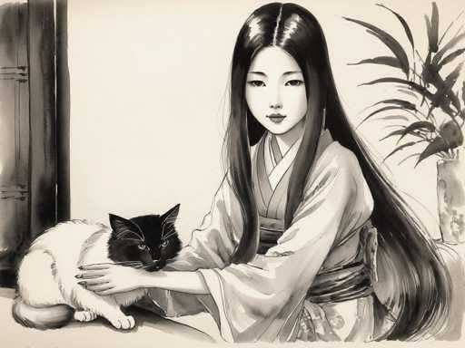 This black and white illustration, reminiscent of traditional Japanese art, features a serene scene of a young woman and a cat. The woman, with long, flowing black hair parted in the middle, is dressed in a traditional kimono adorned with a floral pattern and secured with a sash. She sits on a table, her right arm gently cradling a black and white cat that is curled up beside her. The cat's head is predominantly black, with a striking white stripe running down its nose, and it has black ears and eyes. The woman's gaze is directed straight ahead, exuding a calm and composed demeanor. In the background, a potted plant with long, slender leaves adds a touch of natural elegance to the setting. The overall composition is rendered in shades of black, white, and gray, enhancing the timeless and tranquil atmosphere of the scene.