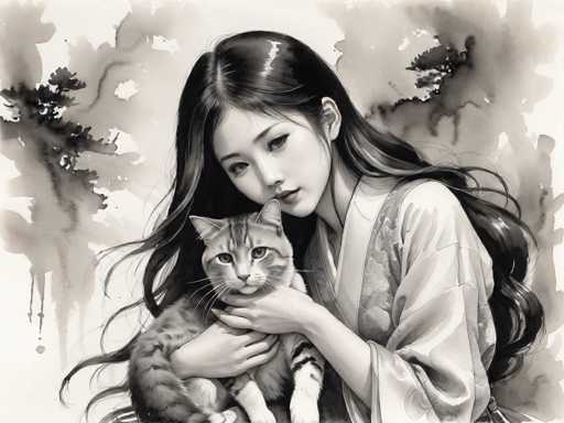 This detailed black-and-white illustration, possibly created with watercolor or colored pencils, depicts a young Asian woman with long, wavy black hair cascading down her back. She is dressed in a traditional kimono adorned with a floral pattern. The woman is holding a gray and black striped cat, cradling it gently in her arms with one hand under its chest and the other around its back. The cat, which has striking green eyes, gazes directly at the viewer, while the woman looks down at it with a serene expression. The background features a soft, watercolor wash of gray and white, with subtle hints of trees and leaves, adding a tranquil and ethereal quality to the scene. The overall composition is rectangular, with the woman positioned on the right side of the image, creating a harmonious and intimate portrayal of the bond between the woman and her feline companion.
