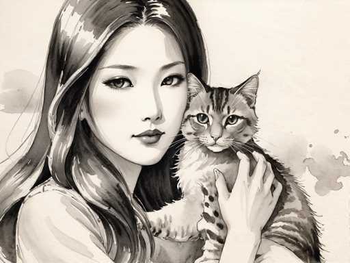 This detailed black and white illustration, with subtle hints of light brown, features a young Asian woman holding a cat. The woman, who has long, wavy hair that cascades down to her chest, is depicted with a serene expression, her lips closed and her eyes gazing directly at the viewer. She is dressed in a light-colored top, possibly a sweater or shirt. The cat, positioned to her right, has a distinctive striped pattern with black stripes on its head and brown fur. Its body is adorned with black spots, particularly on its legs, and it has a fluffy tail. The cat's eyes are also directed towards the viewer, creating a sense of connection. The background is minimalistic, featuring light gray watercolor splotches that add a soft, artistic touch to the composition.