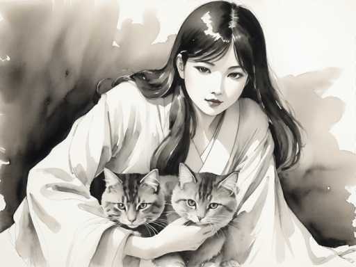 This black and white watercolor painting depicts a serene Japanese woman with long, dark hair cascading past her shoulders. She is dressed in a traditional kimono, her elegant attire adding to the cultural authenticity of the scene. The woman is seated, cradling two cats in her lap. One cat, with a distinctive black and white striped pattern, is nestled comfortably in her right arm, while the other, adorned with brown and white stripes, rests in her left arm. The cats' fur is rendered with a soft, watercolor texture, enhancing the overall delicate aesthetic of the artwork. The background features a subtle gradient of gray and white, providing a gentle contrast to the detailed figures in the foreground. The woman's face is marked by a soft, contemplative expression, her lips painted with a hint of red lipstick, adding a touch of color to the monochromatic palette. The overall composition exudes a sense of tranquility and grace, capturing a moment of quiet companionship between the woman and her feline friends.