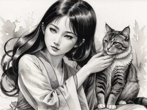 This black and white illustration, with subtle watercolor accents, depicts a young Asian woman in her early 20s, dressed in a traditional kimono. The kimono features a light-colored base adorned with a darker floral pattern, and it is cinched at the waist with a sash. The woman has long, dark hair that cascades down her back, with bangs framing her face. Her eyes are accentuated with makeup, and she wears lipstick, adding a touch of color to the monochromatic scene. She is seated, facing the viewer, with her left hand gently cradling the chin of a tiger-striped cat beside her. The cat, with its ears perked up and eyes focused on the woman, has a white chest and paws, and its tail is visible. The background is a light gray, with watercolor splotches adding texture and depth to the composition. The overall style of the artwork is reminiscent of traditional Japanese art, blending detailed linework with soft watercolor effects.