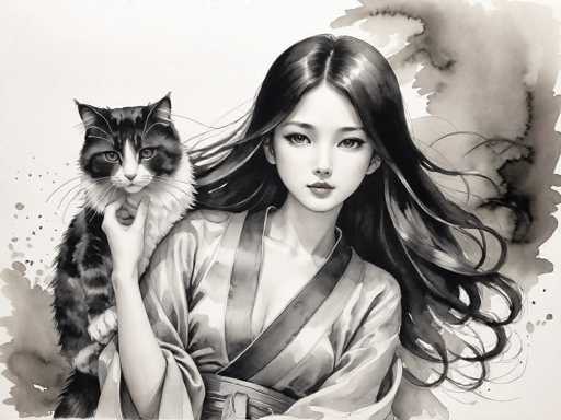 This detailed black and white illustration, with subtle watercolor accents, depicts a young Asian woman in her 20s or 30s, dressed in a traditional kimono. The kimono features a light gray base with darker gray stripes and a sash tied around her waist. Her long, dark hair, parted in the middle, cascades down to her waist, with some strands appearing to be blown by the wind. She has a serene expression, with her eyes open and looking directly at the viewer, and her lips slightly parted. 

On her right shoulder, she cradles a black and white cat, which is facing the viewer. The cat has a distinctive pattern with a white chest, white paws, and a white stripe running down the middle of its face. Its eyes are a striking yellowish-brown, and it has long whiskers. The background of the image is predominantly white, with watercolor splotches in shades of gray and black, particularly noticeable in the top right and bottom left corners. The overall composition is square, with the woman's head positioned at the top and her body extending down to the bottom of the frame.