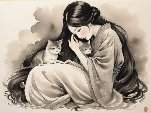 This detailed black-and-white illustration, accented with subtle watercolor hues, depicts a serene Japanese woman in a traditional kimono. The kimono features a delicate floral pattern, adding a touch of color to the otherwise monochromatic scene. The woman, with her long, dark hair cascading down to her knees, sits in a cross-legged position, her right leg bent and her left leg extended. Her head is bowed, and her eyes are closed, conveying a sense of deep contemplation or rest. Her lips are painted a soft red, and her cheeks have a gentle pink blush, contrasting beautifully with her pale skin. She holds a small kitten in her lap, while another kitten rests on her right knee. The background is a muted gray, enhancing the tranquil and intimate atmosphere of the image.
