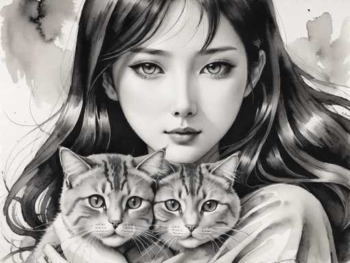 This black and white illustration, possibly created with pen and ink or watercolor, features a young Asian woman with long, dark hair and bangs. She has large, expressive eyes and is gazing directly at the viewer. The woman is holding two nearly identical kittens, which are gray with black stripes and have light-colored eyes. The kittens are nestled closely together, with one slightly in front of the other, and their ears are perked up. The background is predominantly white with subtle gray watercolor splotches, adding a delicate texture to the composition. The woman's right hand is visible, gently cradling the kittens, while her left hand is partially obscured by the animals. The overall style of the illustration is detailed and realistic, capturing the serene and intimate moment between the woman and the kittens.