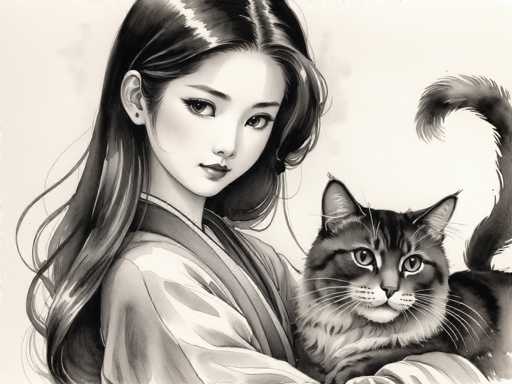 This black and white illustration features a young Asian woman, possibly Japanese or Chinese, with long, dark hair that cascades down her back. She is adorned in a traditional kimono, with a floral pattern on the right side, and her hair is parted in the middle, with a slight curl on the left side. The woman is seated, facing the viewer, with her head turned slightly to the right. Her expression is neutral, and she wears lipstick. In her arms, she cradles a large, fluffy cat with a distinctive black and white striped pattern, including a black stripe down its face. The cat's eyes are wide open, and its tail is raised and curled at the end. The background is a light gray, enhancing the detailed and intricate artistry of the drawing.