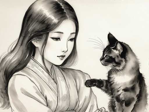 This black and white drawing, reminiscent of traditional Japanese art, features a young Asian girl and a cat. The girl, positioned on the left side of the image, has long, dark hair that cascades down her back, with a few strands falling over her face. She is depicted in a kimono with a floral pattern, and her gaze is directed downward towards the cat. The cat, situated on the right side, has a distinctive appearance with a white chest, black and white striped fur, and a black face. It stands on its hind legs, with one paw resting on the girl's shoulder, and looks up at her intently. The background is a light gray, enhancing the contrast and details of the figures. The overall composition and style suggest that this could be a page from a comic book or an illustration from a graphic novel.