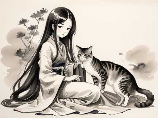 This detailed black and white illustration, with subtle hints of light pink, features a serene Japanese woman and a striped cat. The woman, dressed in a traditional kimono adorned with a floral pattern, has long, flowing black hair that cascades down to her feet. She sits cross-legged on the floor, her kimono's sleeves elegantly draped around her. Her large, expressive eyes and delicate features are accentuated by a small flower tucked into her hair. The cat beside her, with its striped fur and white chest, gazes directly at the viewer. The background is minimalistic, featuring a few branches with leaves and soft, watercolor-like clouds, enhancing the tranquil and timeless atmosphere of the scene.