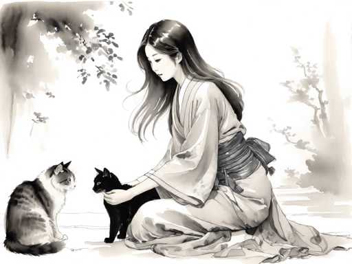This detailed black and white watercolor painting depicts a serene scene of a young Asian woman, possibly Japanese, sitting cross-legged on the ground. She is adorned in a traditional kimono, which features a light-colored top and a darker sash tied around her waist. Her long, dark hair cascades down her back, and she wears subtle red lipstick. The woman is gently petting a black cat with her right hand, while a gray and white cat sits to her left, gazing at her. The background is minimalistic, with a few trees and branches on either side, adding to the tranquil and contemplative atmosphere of the artwork.