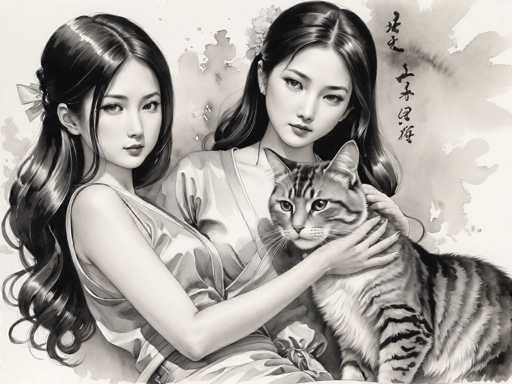 This black and white illustration, reminiscent of traditional Japanese art, features two young women of Asian descent with long, dark hair. Both women are dressed in elegant kimonos adorned with floral patterns. The woman on the left, who has her hair styled in a braid with a bow, is gazing directly at the viewer. The woman on the right, with her hair parted in the middle, is looking down at a large striped cat she is holding. The cat, with its ears perked up and eyes wide open, appears to be staring at the viewer. The background is a light gray with subtle watercolor splotches, and there is Japanese writing in the upper right corner. The overall composition is detailed and serene, capturing a moment of quiet interaction between the women and their feline companion.