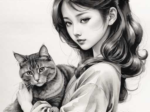 This black-and-white illustration features a young Asian woman with long, wavy hair cascading down her back. She is dressed in a loose-fitting, long-sleeved shirt with a ruffled collar. The woman is holding a gray tabby cat with distinctive black stripes on its head and back. The cat, which has striking green eyes, is looking directly at the viewer, while the woman gazes over her shoulder with a neutral expression. Her right hand gently cradles the cat's back. The background is a simple, light gray, emphasizing the detailed and delicate nature of the drawing.