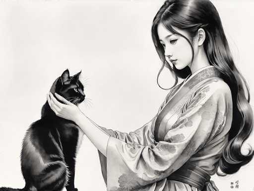 This black and white illustration, possibly a digital artwork or a detailed drawing, features a serene scene of an Asian woman and a black cat. The woman, who appears to be of Asian descent, is depicted from the waist up, wearing a traditional kimono adorned with a floral pattern and a sash around her waist. Her long, dark hair cascades down her back, with a few strands elegantly curled around her face. She is gently cradling the head of the black cat with her right hand, her expression calm and contemplative. The cat, with its ears perked up and whiskers prominently visible, gazes off to the right, seemingly lost in thought. The background is a simple, light gray, which accentuates the detailed and delicate features of both the woman and the cat. In the bottom right corner, there are two Asian characters, possibly the artist's signature or a title, adding a final touch of authenticity to the artwork.