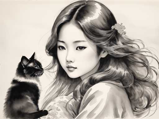 This black and white illustration features a young Asian woman with long, wavy hair adorned with a diamond-like barrette. She is dressed in a light-colored kimono with a floral pattern, and her expression is neutral as she gazes directly at the viewer. Beside her, on her right, sits a black and white cat with a distinctive white patch around its neck. The cat is looking up at her, adding a touch of companionship to the serene and detailed composition. The background is a light gray, enhancing the contrast and focus on the woman and her feline friend.