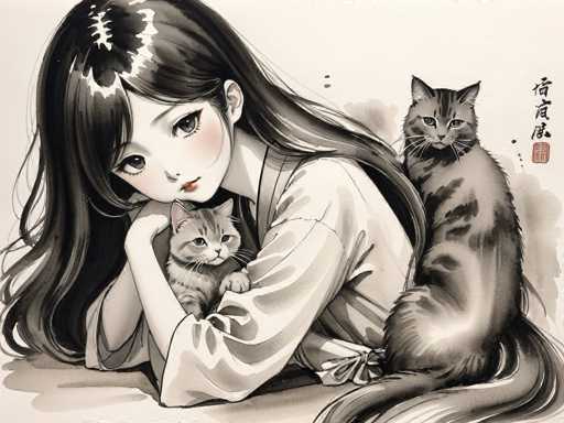 This detailed black and white illustration, accented with subtle red highlights, features a young Asian woman with long, dark hair and a serene expression. She is lying down, propped up on her elbows, with her chin resting on her hands. The woman is wearing a long-sleeved shirt with a bow at the waist, and her hair is parted in the middle, cascading down both sides of her face. Her eyes are large and expressive, and she has a small, delicate nose and red lips.

In her arms, she cradles a small gray kitten with white markings on its face and paws. The kitten's head is nestled between her hands, and it looks up at her with curiosity. Behind her, a larger gray cat with black stripes and a long, fluffy tail sits on her back, gazing directly at the viewer. The background is a light gray, and in the upper right corner, there is a vertical column of Asian characters, possibly Japanese or Chinese, accompanied by a red square with additional characters inside. The overall composition exudes a tranquil and intimate atmosphere, capturing a tender moment between the woman and her feline companions.