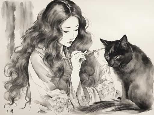This black and white illustration, possibly a watercolor or ink drawing, depicts a serene scene of a woman with long, wavy hair, dressed in a traditional kimono adorned with floral patterns. She is seated, her gaze directed downward at a black cat with striking green eyes that sits beside her. The woman holds a paintbrush in her right hand, poised as if she is about to paint the cat. The background features subtle gray shading, adding depth to the composition. In the bottom left corner, there are some Asian characters, likely the artist's signature. The overall style of the artwork is reminiscent of traditional Japanese art, capturing a moment of quiet interaction between the woman and her feline companion.