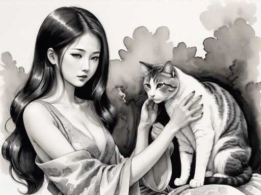 This black and white illustration features a young Asian woman with long, dark hair, dressed in a traditional kimono adorned with floral patterns. She is seated on a cushion, gently petting a white cat with black stripes and a black tail. The woman's kimono has a low neckline, and she wears a shawl draped over her arms. The cat, with its ears pointed and eyes gazing to the left, appears to be looking directly at the viewer. The background is a light gray, with abstract, cloud-like shapes adding a subtle texture to the scene. The overall composition is detailed and serene, capturing a moment of quiet interaction between the woman and her feline companion.