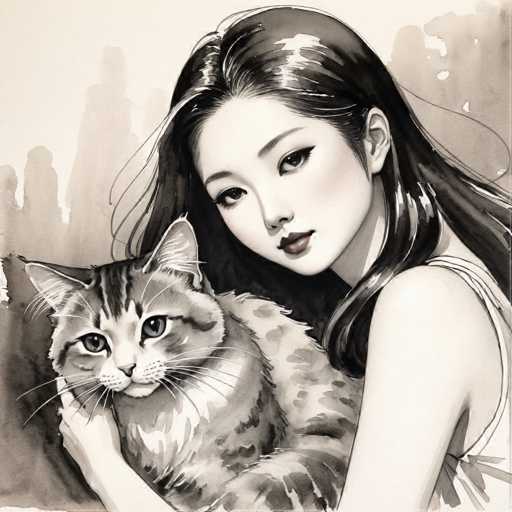 The image depicts a woman holding a cat and is rendered in black and white. The artist's style is realistic, capturing the details of the subjects with precision.