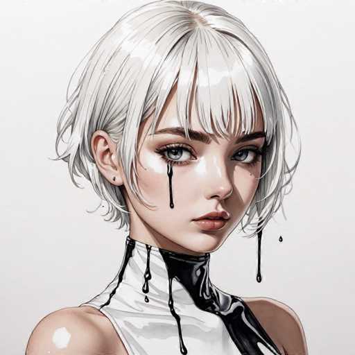 This image features a detailed drawing of a young girl, approximately 10 years old, with short, white hair. The drawing is set against a white background, which accentuates the girl's features. She has striking blue eyes and is adorned with a single black earring. Her face is marked by a black tear that streams down her cheek, adding an element of emotion to the portrait. The girl is dressed in a white shirt, which is intriguingly embellished with black paint that appears to be dripping down her neck and shoulders. The overall composition of the drawing is simple yet evocative, capturing a moment of poignant beauty.