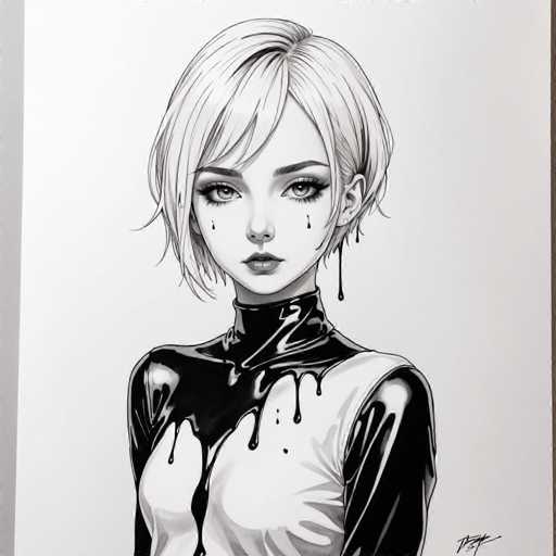 The image is a black and white illustration depicting a young woman with short blonde hair wearing a tight-fitting outfit that includes a top hat and a skirt. The woman's face features multiple piercings, adding to her unique style. The background of the image is plain white, which contrasts with the dark tones of the woman's attire and makeup.