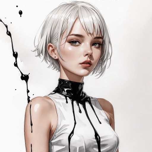The image depicts a young woman with short, white hair styled in a bob with bangs. She has striking blue eyes and is wearing a sleeveless white top that appears to be made of leather. Around her neck, she has a black leather collar that looks like it's melting, with the black substance flowing down her chest and onto her arms. The background is a light gray, and the overall scene has a surreal, artistic quality to it. The woman is looking directly at the viewer, creating a sense of engagement.