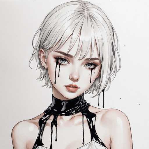 The image depicts a detailed drawing of a young woman with short, white hair that falls just below her chin. She has striking blue eyes and is adorned with a black choker that appears to be made of leather. The choker is intricately designed, with a strap that extends over her shoulders and a central piece that sits just below her neck. The woman's expression is one of subtle intensity, with her lips slightly parted, revealing a hint of her teeth. Adding to the surreal nature of the drawing, black liquid, resembling paint or ink, drips from her eyes and cascades down her face, over her choker, and onto her shoulders and chest. The background is a muted gray, which contrasts with the vivid details of her features and the dark liquid. The overall composition is centered, with the woman's head and shoulders dominating the frame, creating a captivating and somewhat eerie visual effect.