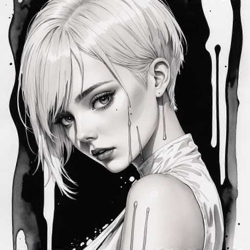 This black and white illustration features a young woman with a striking, short pixie haircut that frames her face. Her hair is meticulously styled, with bangs sweeping across her forehead and a few strands artfully draped over her ear. She has large, expressive eyes that gaze directly at the viewer, and her lips are painted a bold red, adding a pop of color to the monochromatic scene. The woman is adorned with long, dangling earrings that catch the light, and she wears a sleeveless top that reveals her bare shoulders. The background is a stark black, accentuated by white paint drips that create an abstract, artistic effect. The overall composition is both elegant and edgy, with the woman's intense gaze and the dynamic background drawing the viewer into the image.