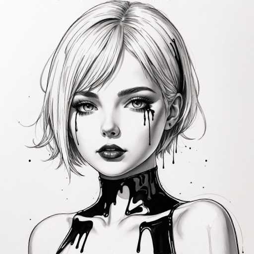The image is a black and white line drawing depicting a young woman with blonde hair and dark eyes. The woman's face is the central focus of the artwork, which is rendered in a realistic style. The artist has used a dripping technique to create a sense of movement and fluidity on her face, adding a dynamic element to the composition.