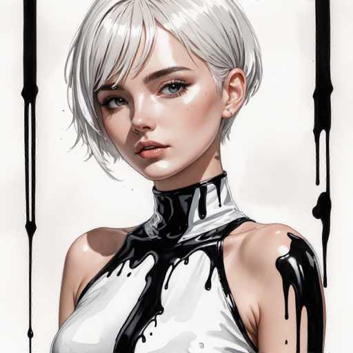 The image depicts a young woman with short blonde hair wearing a black and white dress that has black paint splattered on it. The background is white, which contrasts with the black and white elements in the foreground.
