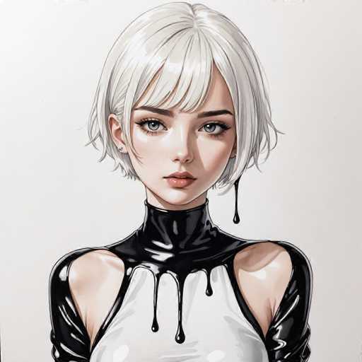 This image features a detailed drawing of a young woman with short, white hair that falls just below her chin. She has striking blue eyes and is adorned with a small earring in her right ear. Her expression is neutral, with her lips slightly parted, revealing a hint of red lipstick. She is dressed in a black turtleneck that extends over her shoulders, and the fabric appears to be dripping black paint down her chest. The black paint also drips from her right shoulder and forms a small puddle on her left shoulder. The background is a plain white, which accentuates the intricate details of her attire and the striking contrast of her white hair against the black paint.