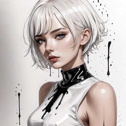 This image features a striking, computer-generated depiction of a young woman with short, white hair and bangs. She has large, expressive gray eyes and is adorned with a black leather choker that appears to be melting into her white sleeveless top. The choker and the paint or ink splatters that seem to be dripping from her neck and shoulders add a surreal, artistic touch to the portrait. The woman's face is turned slightly to the left, with her gaze directed off to the side, giving her a contemplative and enigmatic expression. The background is a clean white, which contrasts sharply with the dark, inky elements surrounding her, enhancing the overall dramatic effect of the image.
