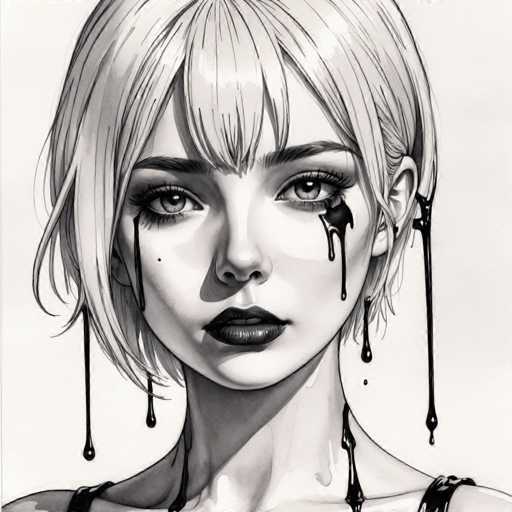This black and white illustration features a young woman with short, light-colored hair that falls just below her ears. She has large, expressive eyes and dark, full lips. Her face is adorned with a small mole on the left side of her cheek. The woman is wearing a tank top, with straps visible on her shoulders. 

The most striking aspect of the image is the black liquid streaming from her eyes, ears, and neck, resembling paint or ink. This liquid appears to be dripping down her face, neck, and shoulders, creating a stark contrast against the monochromatic background. The illustration captures a haunting and surreal atmosphere, with the black liquid adding an element of mystery and intensity to the woman's expression.