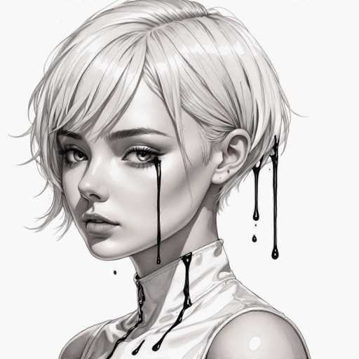 The image is a black and white portrait of a young woman with blonde hair. The woman's eyes are closed, and her face is drawn with a pencil. There are two small tears streaming down the side of her face, adding a sense of emotion to the scene.