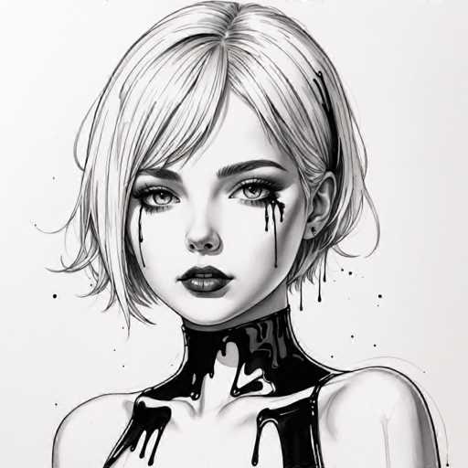 This black and white illustration features a young woman with short, blonde hair that falls just below her ears. She has a somber expression, with her eyes cast downward, and her lips are painted a dark shade. Her face is adorned with tears that appear to be made of black ink, streaming down her cheeks and dripping from her chin. She is dressed in a sleeveless top, and a black liquid seems to be cascading down her neck and shoulders, resembling ink. The background is a light gray, providing a stark contrast to the dark elements of the drawing.