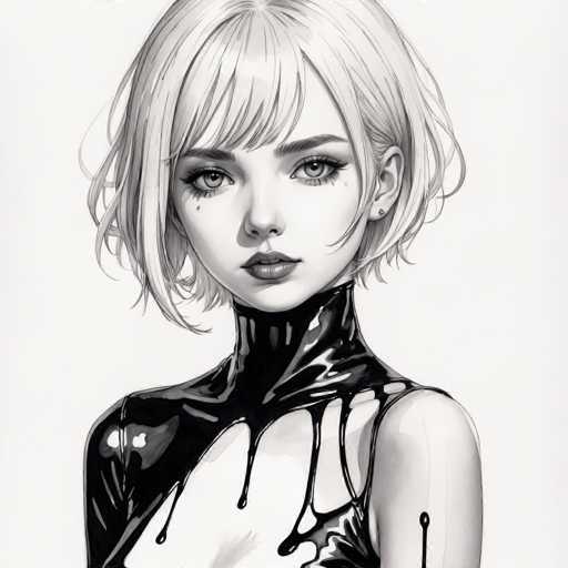 The image is a black and white illustration depicting a young woman with short blonde hair wearing a tight-fitting dress that has a glossy finish. The woman's face is the focal point of the artwork, which is rendered in a realistic style.