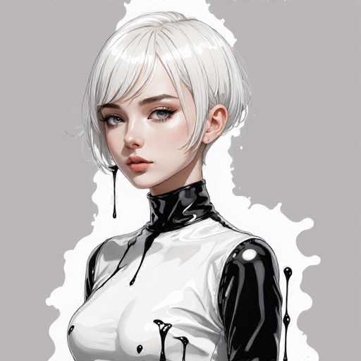 This image features a detailed, computer-generated illustration of a young woman with short, platinum blonde hair. Her hair is styled in a bob cut with bangs that frame her face. She has striking blue eyes and is adorned with a small stud earring. Her lips are painted a soft pink, adding a touch of color to her otherwise monochromatic appearance.

The woman is dressed in a high-necked, long-sleeved top that appears to be made of a shiny, leather-like material. The top is predominantly white with black sleeves, and it features a zipper that runs down the front. The zipper, along with various other elements on her outfit, appears to be melting or dripping, creating a surreal effect. This melting effect is particularly noticeable on the left side of her chest, where the zipper seems to be melting down her breast. Additionally, there are black drips extending from her right shoulder and another from her left shoulder, as well as a drip from the bottom of her chin.

The background of the image is a solid gray, which contrasts sharply with the white and black elements of her attire and the surreal drips. The overall composition gives the impression of a fashion illustration gone awry, with a melting, dreamlike quality that adds an element of intrigue and surrealism to the scene.