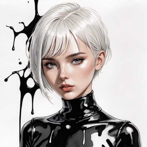 The image depicts a young woman with short blonde hair wearing a black leather outfit and has a serious expression on her face. The background is white, which contrasts with the black elements of the image, making them stand out. There are no texts or other objects in the image, and the focus is solely on the woman's features and attire.