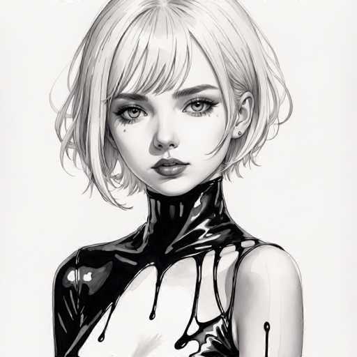 This black and white illustration features a young woman with short, wavy hair that falls just below her chin. She has a delicate, heart-shaped face with large, expressive eyes adorned with long eyelashes and a small nose. Her lips are slightly parted, revealing her top teeth. She is wearing a high-collared, sleeveless black dress that appears to be made of a shiny, plastic-like material. The fabric is draped over her shoulders and chest, creating a dramatic effect as it seems to be melting or dripping down her arms. The dress is cut off at the waist, and her bare shoulders are visible. She has a small earring in her left ear. The background is a light gray, which contrasts with the dark, glossy fabric of her dress, making the overall image striking and somewhat surreal.