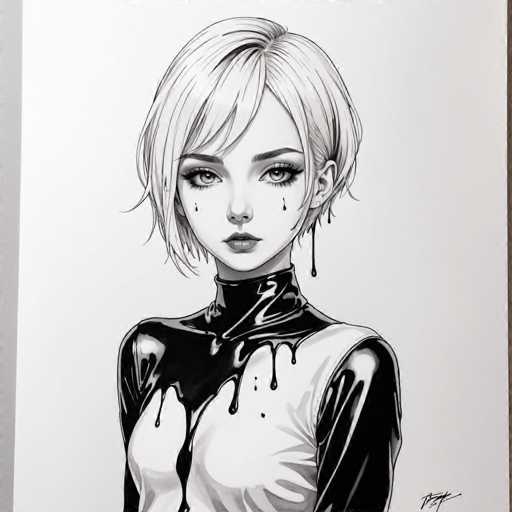 The image depicts a detailed black and white drawing of a young woman, possibly in her late teens or early twenties. She has short blonde hair, styled with bangs that fall to the left side of her face. Her eyes are accentuated with heavy mascara, and she has full lips. Teardrops or black paint streaks are drawn beneath her eyes, adding a somber expression to her face. She is wearing a high-necked, long-sleeved shirt that appears to be made of leather or plastic. The shirt is predominantly white but is splattered with black paint that drips down the front, creating a striking contrast. The background of the image is a light gray, and the drawing is signed in the bottom right corner, though the signature is not legible.