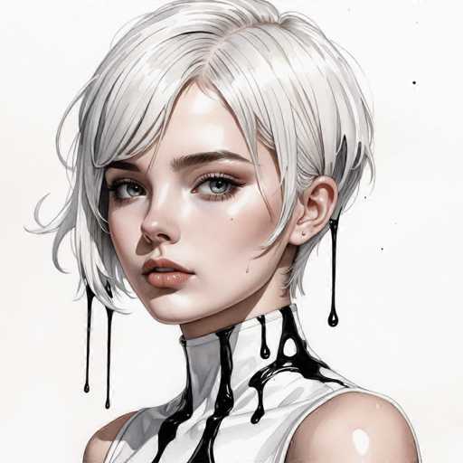 This image features a detailed, computer-generated illustration of a young girl with short, white hair that is parted on the side. Her hair is styled in a way that it frames her face, with bangs that fall just above her eyes. She has striking blue eyes and a small nose, and her lips are slightly parted, revealing a hint of her teeth. The girl's expression is neutral, and she gazes directly at the viewer.

She is dressed in a white sleeveless shirt that has a high neckline, which is adorned with black paint that drips down her neck and shoulders. The paint creates a stark contrast against the white fabric, adding a dramatic element to the image. The background is a plain white, which further accentuates the girl and the paint.

The overall composition of the image is square, with the girl's head positioned at the top and her shoulders at the bottom. The illustration captures a blend of realism and surrealism, with the meticulous details of her facial features and the dramatic paint drips creating a captivating visual effect.
