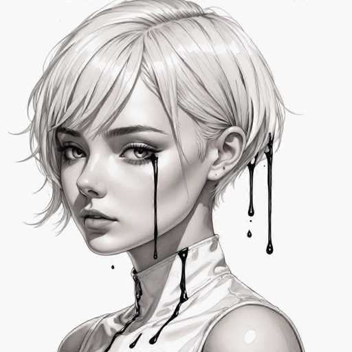 This black and white illustration features a young woman with short, light-colored hair, styled in a bob with bangs that partially cover her forehead. She has a pale complexion and is wearing a high-necked, sleeveless top. Her eyes are large and expressive, with dark pupils that appear to be filled with a black liquid, which drips down her cheeks and forms droplets on her neck and shoulder. The liquid also seems to be oozing from her ears. The woman's lips are slightly parted, revealing her top teeth, and she gazes directly at the viewer. The image is set against a stark white background, emphasizing the intricate details and somber mood of the illustration.