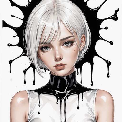 The image depicts a young woman with short blonde hair wearing a white tank top and black choker necklace. The woman's face is partially obscured by the black paint splatters that appear to be falling from her neck.
