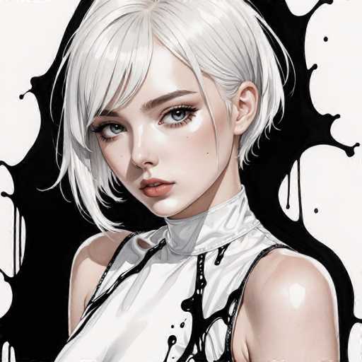 This image features a detailed, computer-generated illustration of a young woman, likely in her late teens or early twenties. She has short, white hair styled in a bob with bangs, and her striking blue eyes are accentuated by long eyelashes. Her lips are painted a soft pink, and her complexion is fair with a slight blush on her cheeks. She is dressed in a white, sleeveless top with a high collar that extends up to her neck, adorned with black paint splatters that add a unique artistic touch. The background is predominantly white, featuring a dramatic black splash that resembles ink or paint, creating a stark contrast and enhancing the overall visual impact of the image.