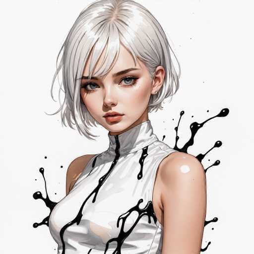 This image features a detailed drawing of a young woman with short, white hair that falls just below her ears. She has striking blue eyes and is adorned with a small earring in her left ear. Her lips are painted a vivid red, adding a touch of color to her otherwise monochromatic palette. She is dressed in a white sleeveless shirt that has a high collar, which is zipped up to her neck. The shirt is splattered with black paint, creating a dynamic and artistic effect. The background is a clean, white canvas, which accentuates the intricate details of her appearance. Her shoulders are visible, and she gazes directly at the viewer with a composed expression.