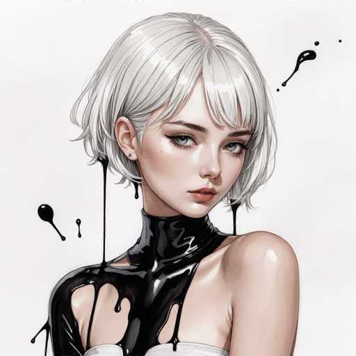 The image depicts a woman with blonde hair and blue eyes wearing a black dress that is dripping with black paint. The background is white, which contrasts with the dark elements of her attire.
